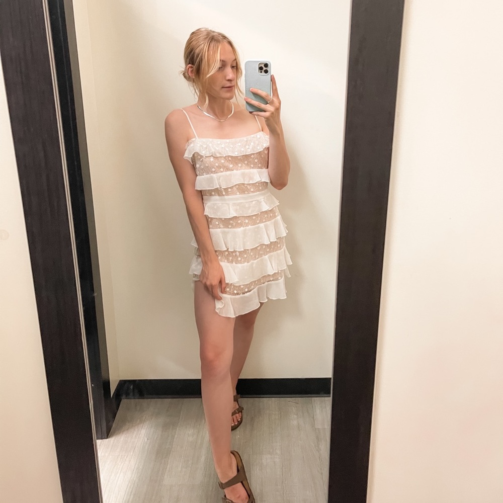 ❤️SOLD❤️ White Lace Ruffle Polk-a-dot Spaghetti Strap Dress